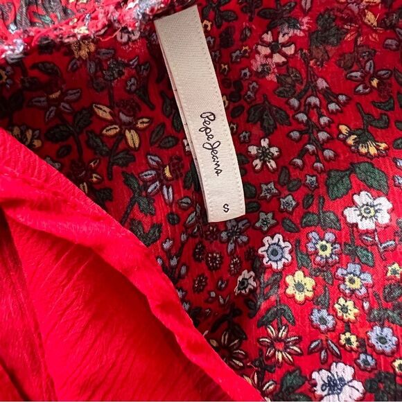Pepe Jeans Red Floral Ruffle V-Neck Dress Size Small - Picture 6 of 7